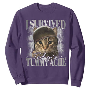 Tummy Ache Survivor Cat Meme Sweatshirt Funny Saying Cats Cat Bootleg TS10 Purple Print Your Wear