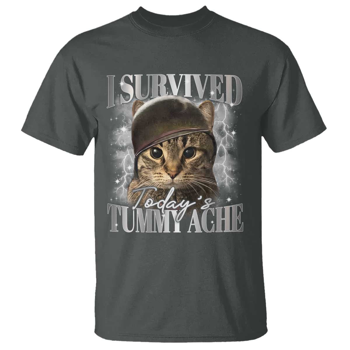 Tummy Ache Survivor Cat Meme T Shirt Funny Saying Cats Cat Bootleg TS10 Dark Heather Print Your Wear