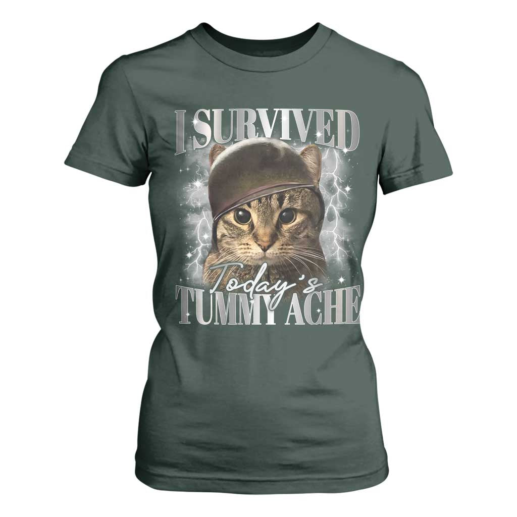 Tummy Ache Survivor Cat Meme T Shirt For Women Funny Saying Cats Cat Bootleg TS10 Dark Forest Green Print Your Wear