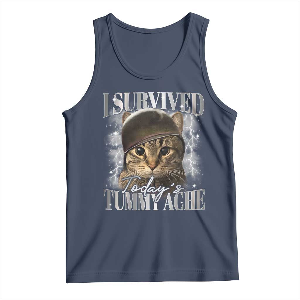 Tummy Ache Survivor Cat Meme Tank Top Funny Saying Cats Cat Bootleg TS10 Navy Print Your Wear