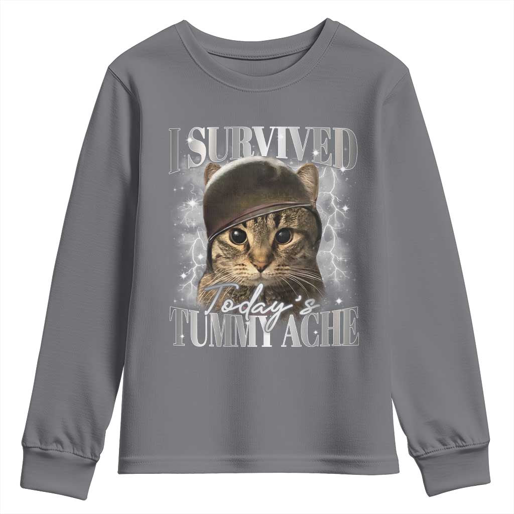 Tummy Ache Survivor Cat Meme Youth Sweatshirt Funny Saying Cats Cat Bootleg TS10 Charcoal Print Your Wear