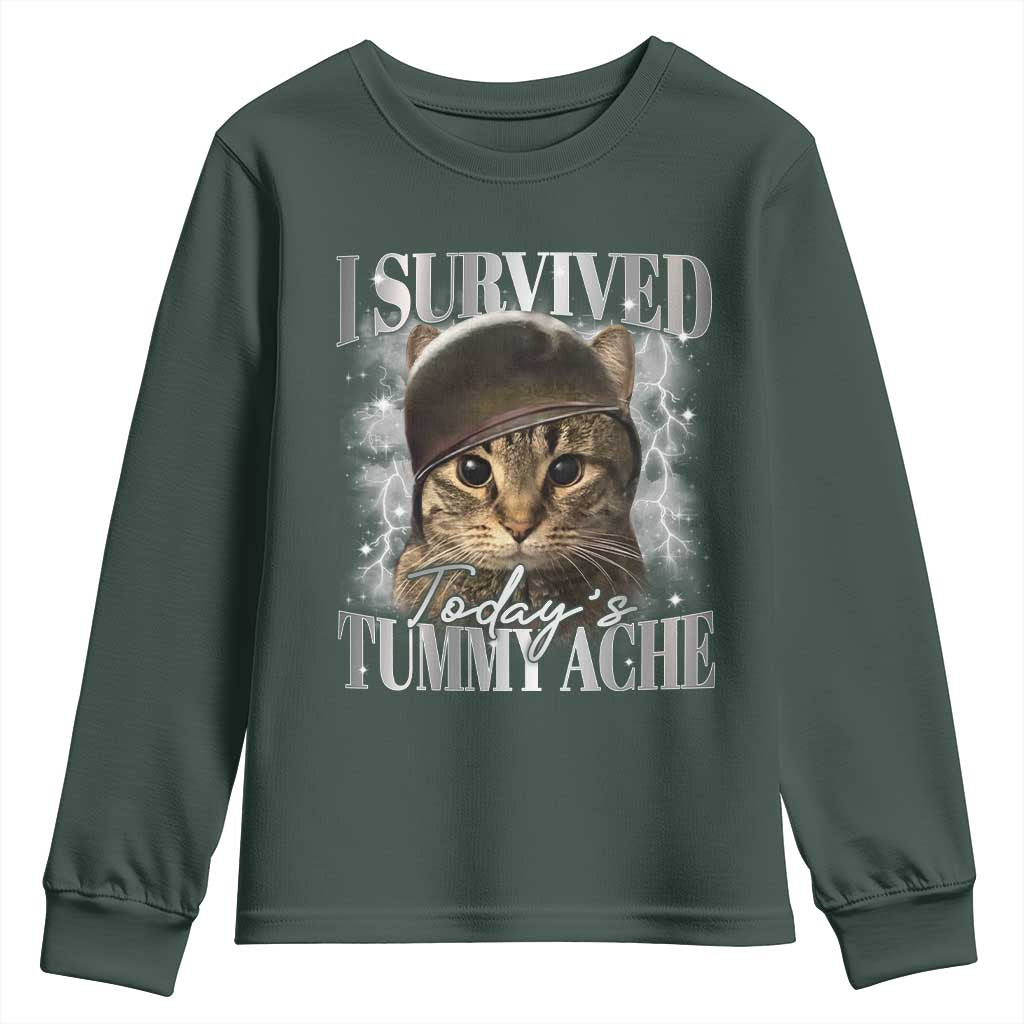 Tummy Ache Survivor Cat Meme Youth Sweatshirt Funny Saying Cats Cat Bootleg TS10 Dark Forest Green Print Your Wear
