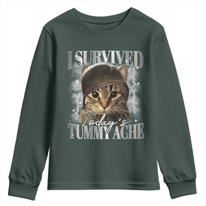 Tummy Ache Survivor Cat Meme Youth Sweatshirt Funny Saying Cats Cat Bootleg TS10 Dark Forest Green Print Your Wear
