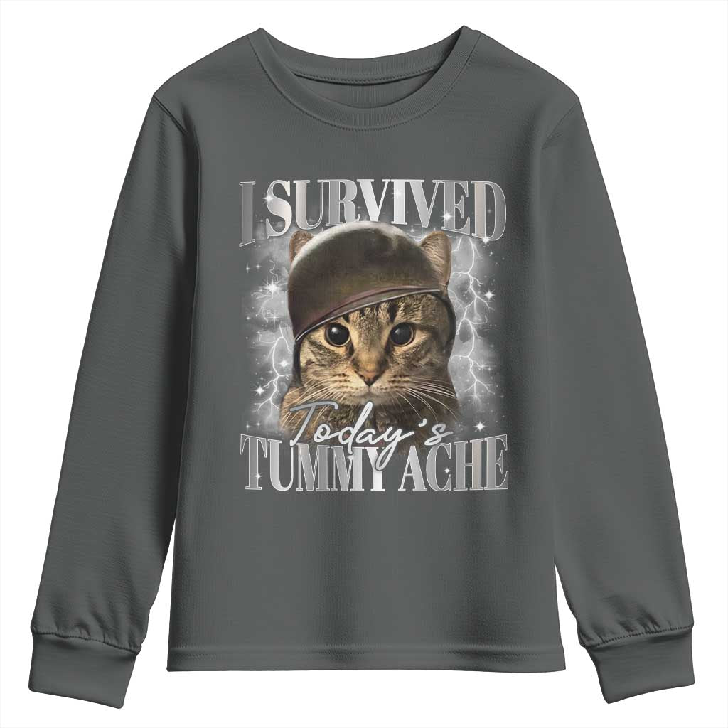 Tummy Ache Survivor Cat Meme Youth Sweatshirt Funny Saying Cats Cat Bootleg TS10 Dark Heather Print Your Wear