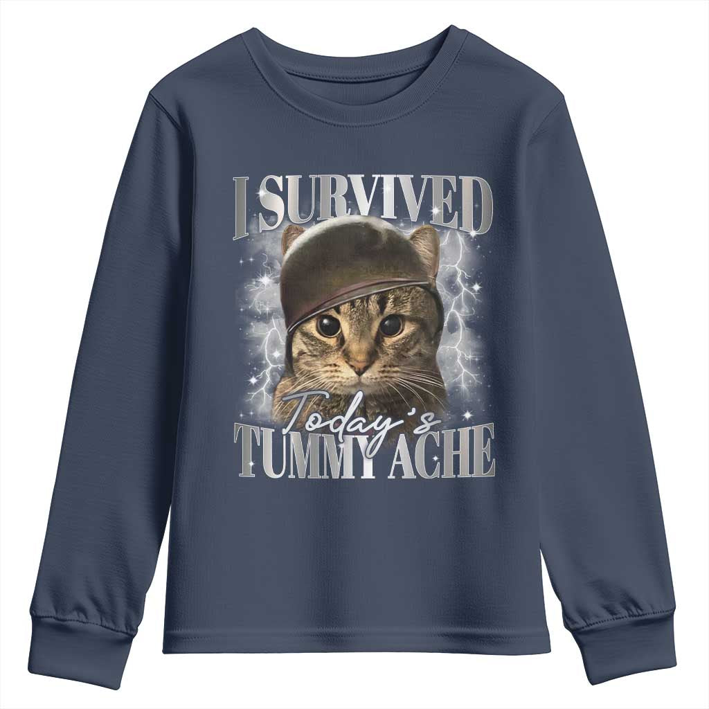 Tummy Ache Survivor Cat Meme Youth Sweatshirt Funny Saying Cats Cat Bootleg TS10 Navy Print Your Wear