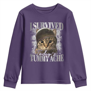 Tummy Ache Survivor Cat Meme Youth Sweatshirt Funny Saying Cats Cat Bootleg TS10 Purple Print Your Wear