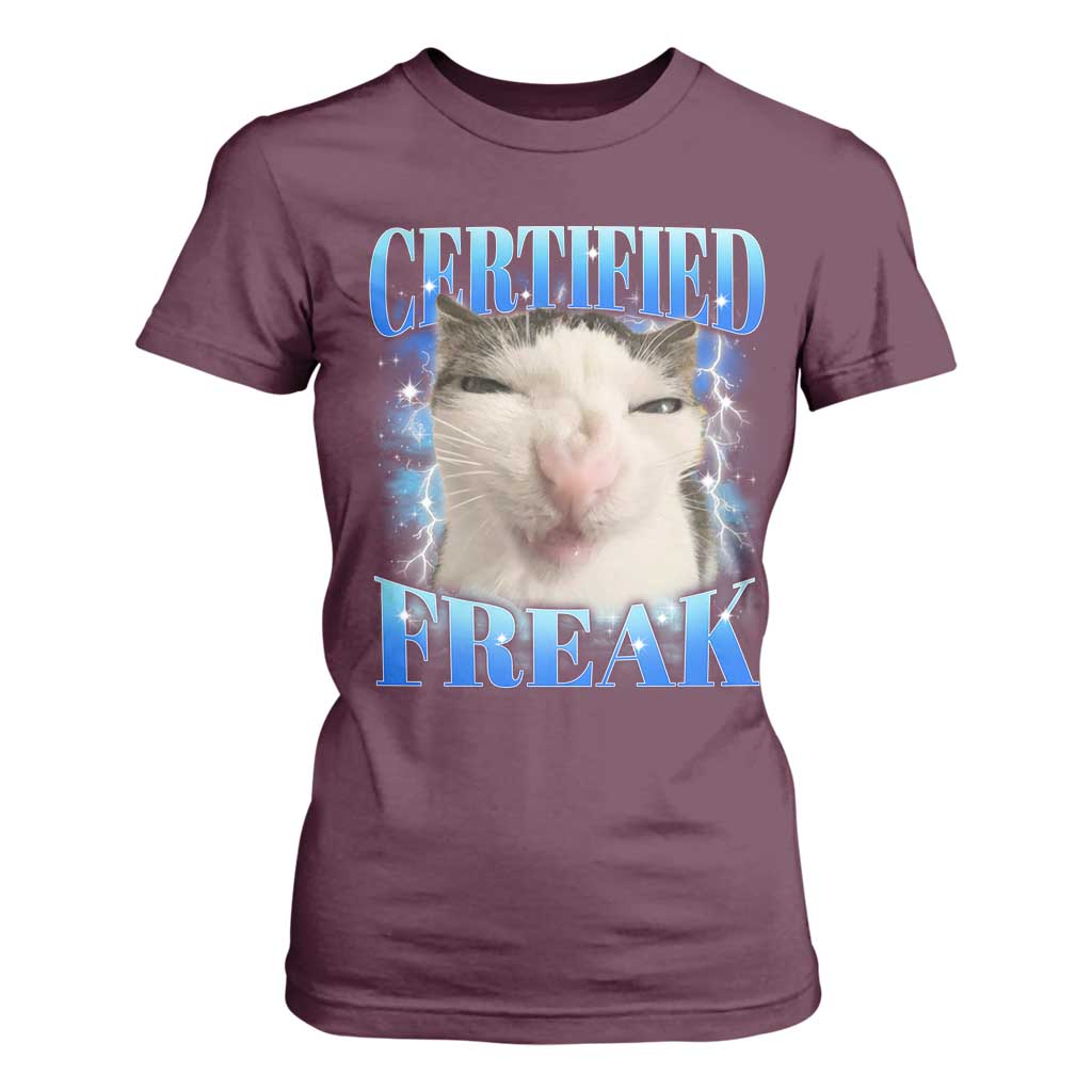 Certified Freak Funny Cat Meme T Shirt For Women Internet Memes Gen Z TS10 Maroon Print Your Wear