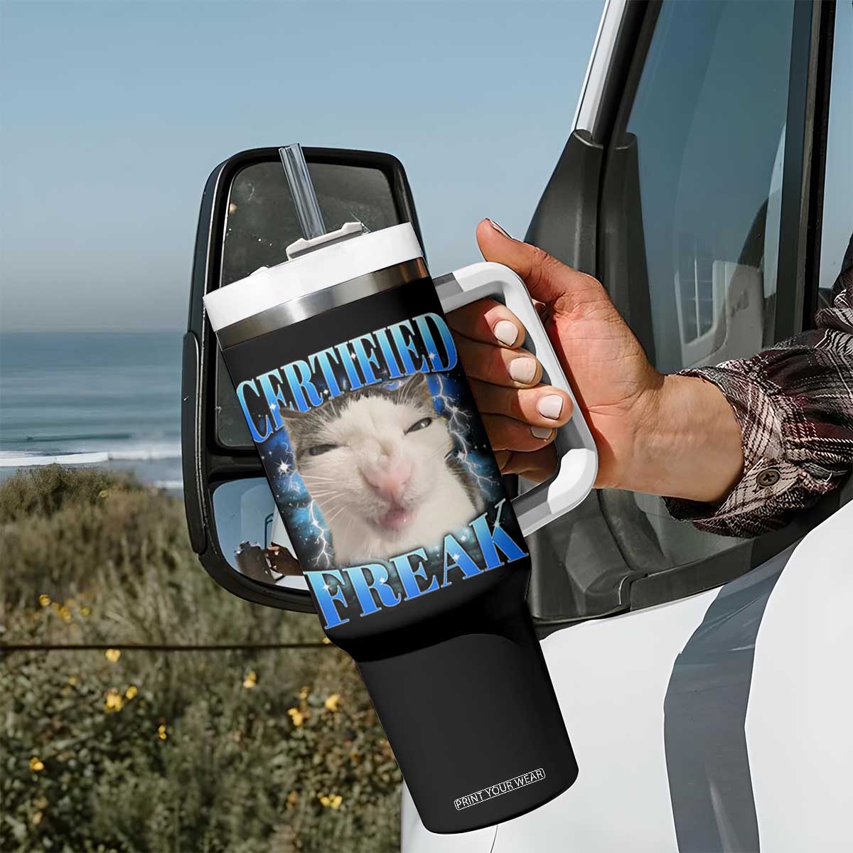 Certified Freak Funny Cat Meme Tumbler With Handle Internet Memes Gen Z TS10 Print Your Wear