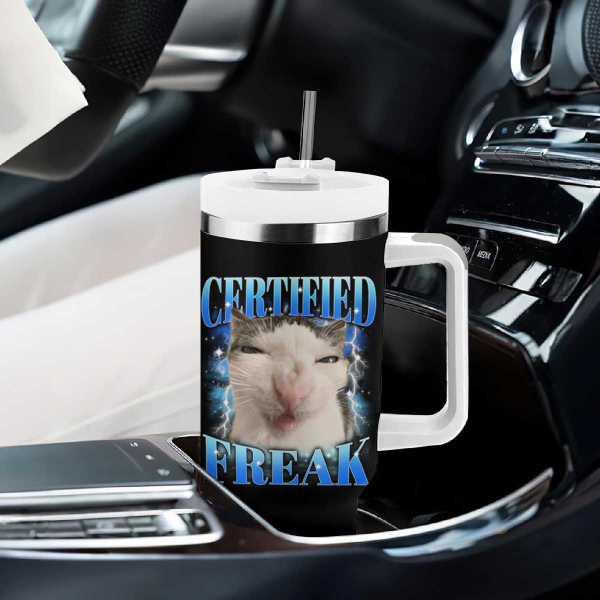 Certified Freak Funny Cat Meme Tumbler With Handle Internet Memes Gen Z TS10 Print Your Wear