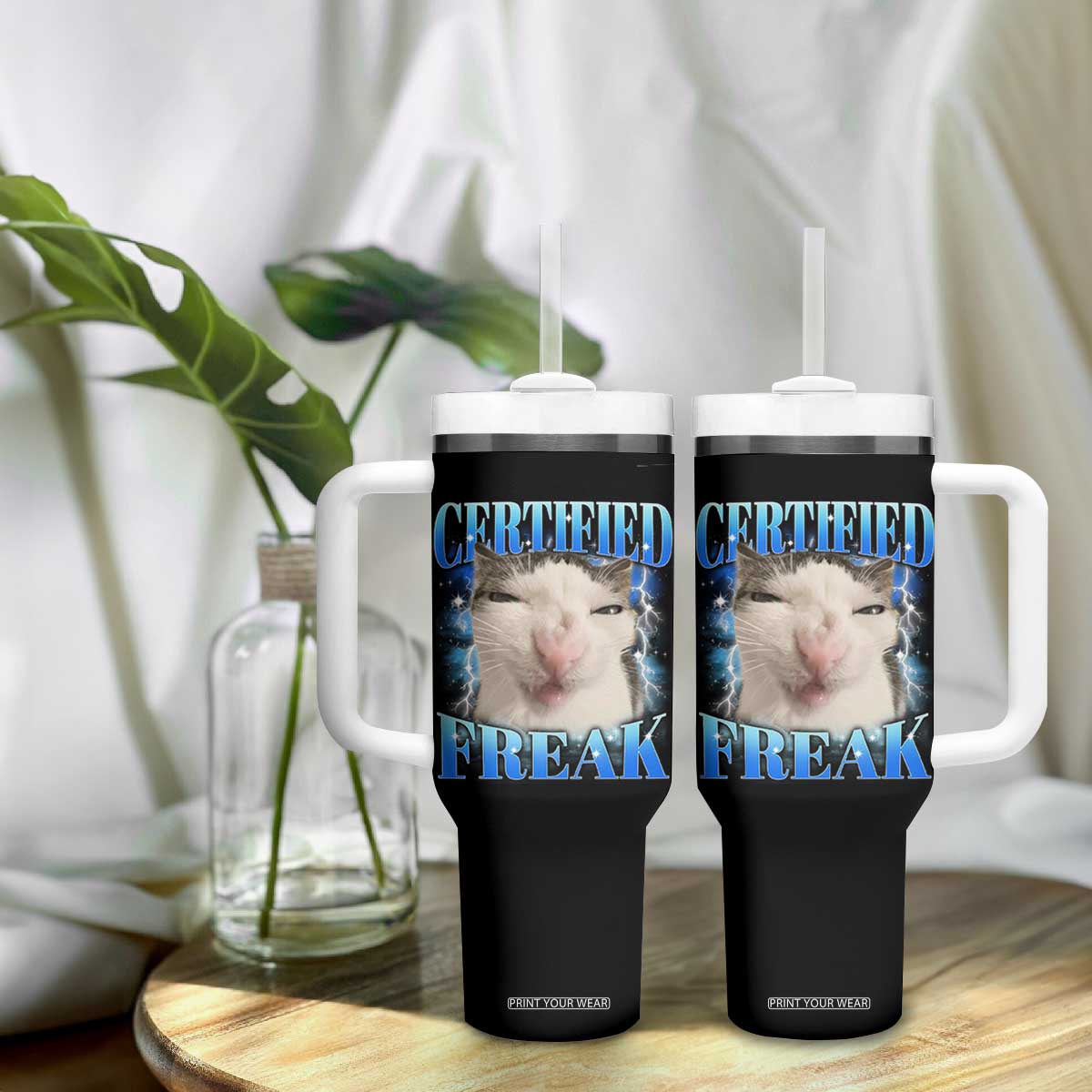 Certified Freak Funny Cat Meme Tumbler With Handle Internet Memes Gen Z TS10 Print Your Wear