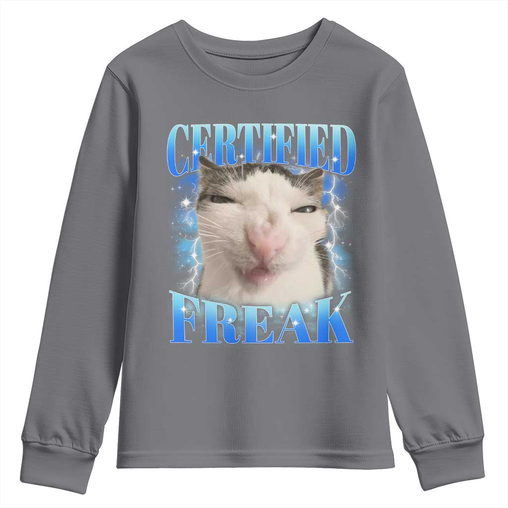 Certified Freak Funny Cat Meme Youth Sweatshirt Internet Memes Gen Z TS10 Charcoal Print Your Wear