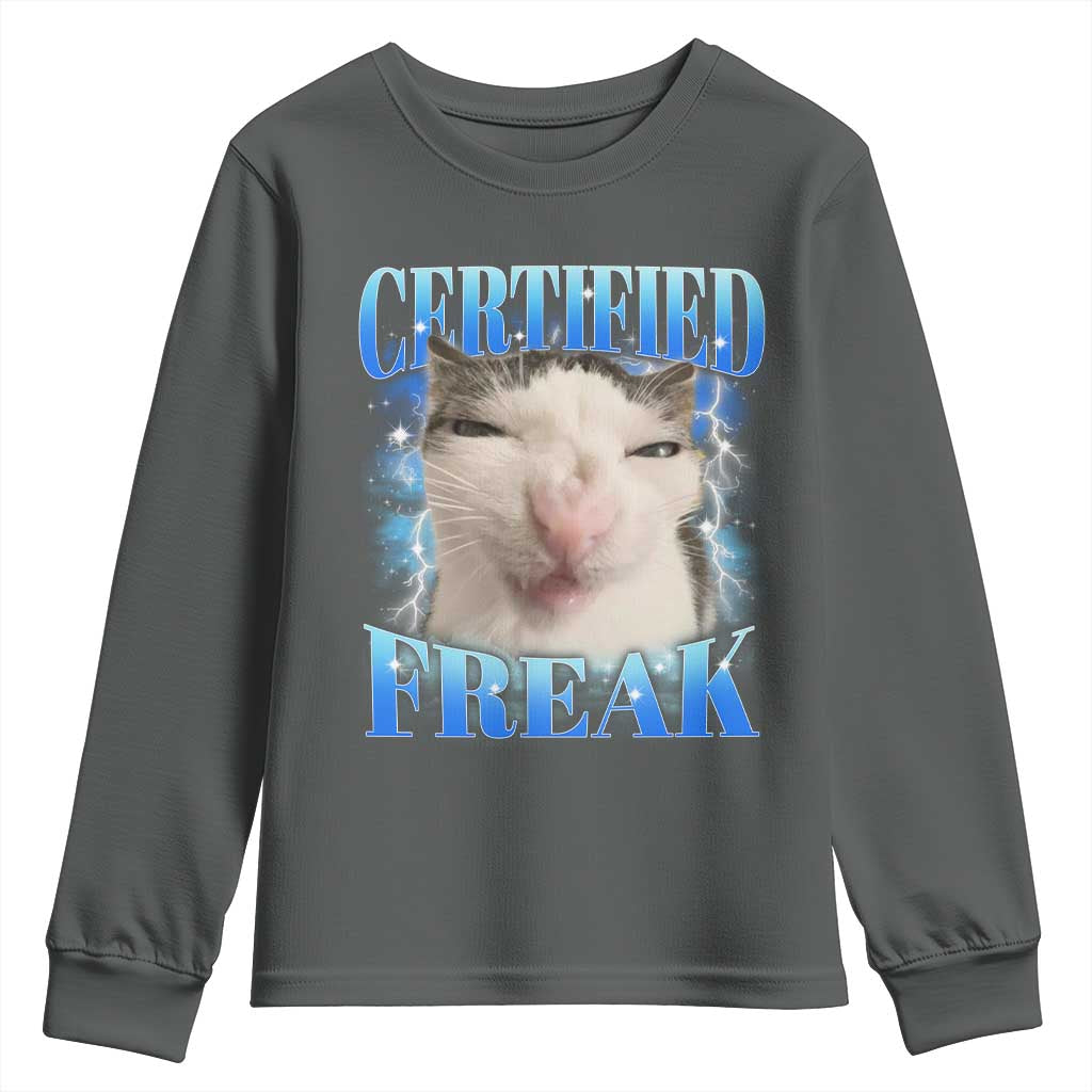 Certified Freak Funny Cat Meme Youth Sweatshirt Internet Memes Gen Z TS10 Dark Heather Print Your Wear