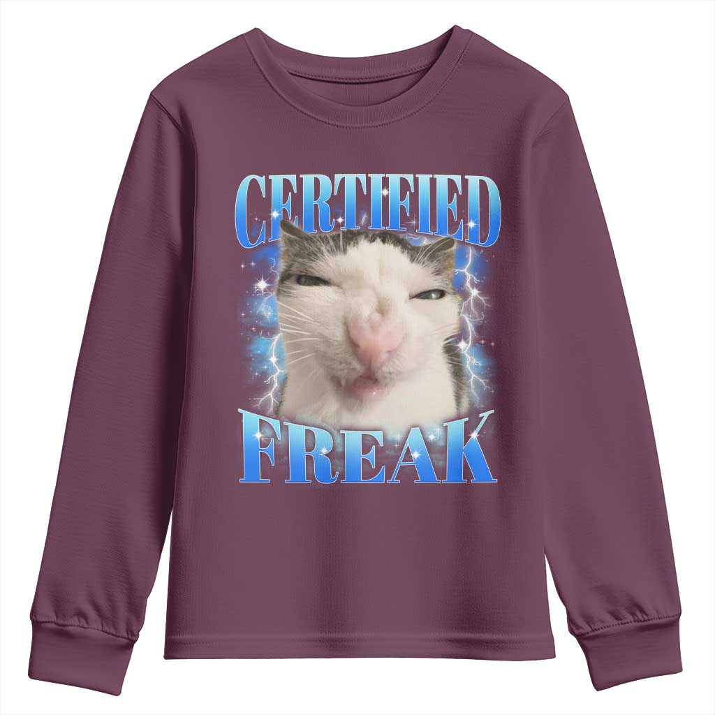 Certified Freak Funny Cat Meme Youth Sweatshirt Internet Memes Gen Z TS10 Maroon Print Your Wear