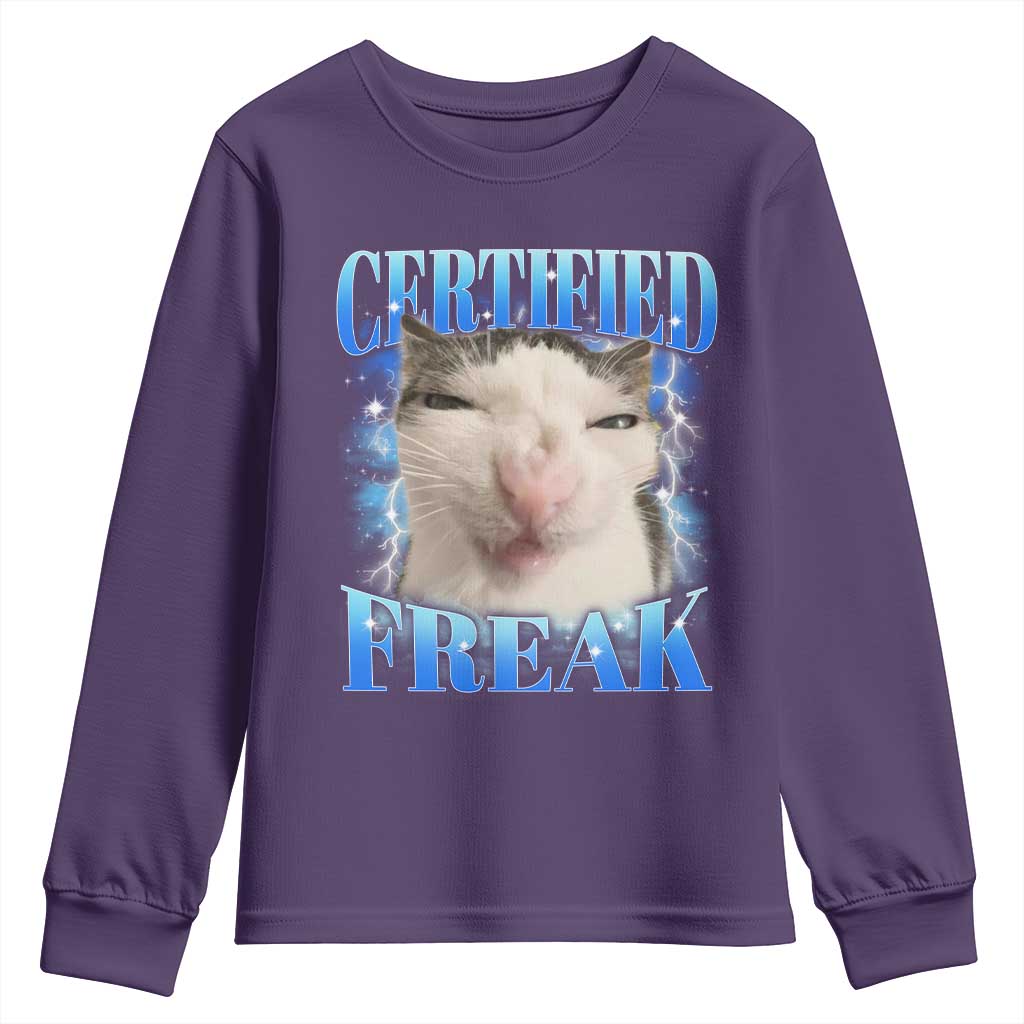 Certified Freak Funny Cat Meme Youth Sweatshirt Internet Memes Gen Z TS10 Purple Print Your Wear