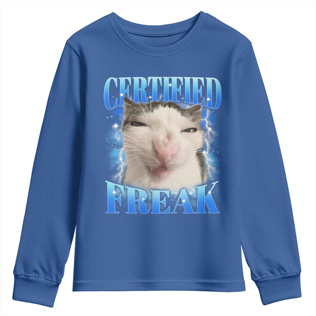 Certified Freak Funny Cat Meme Youth Sweatshirt Internet Memes Gen Z TS10 Royal Blue Print Your Wear