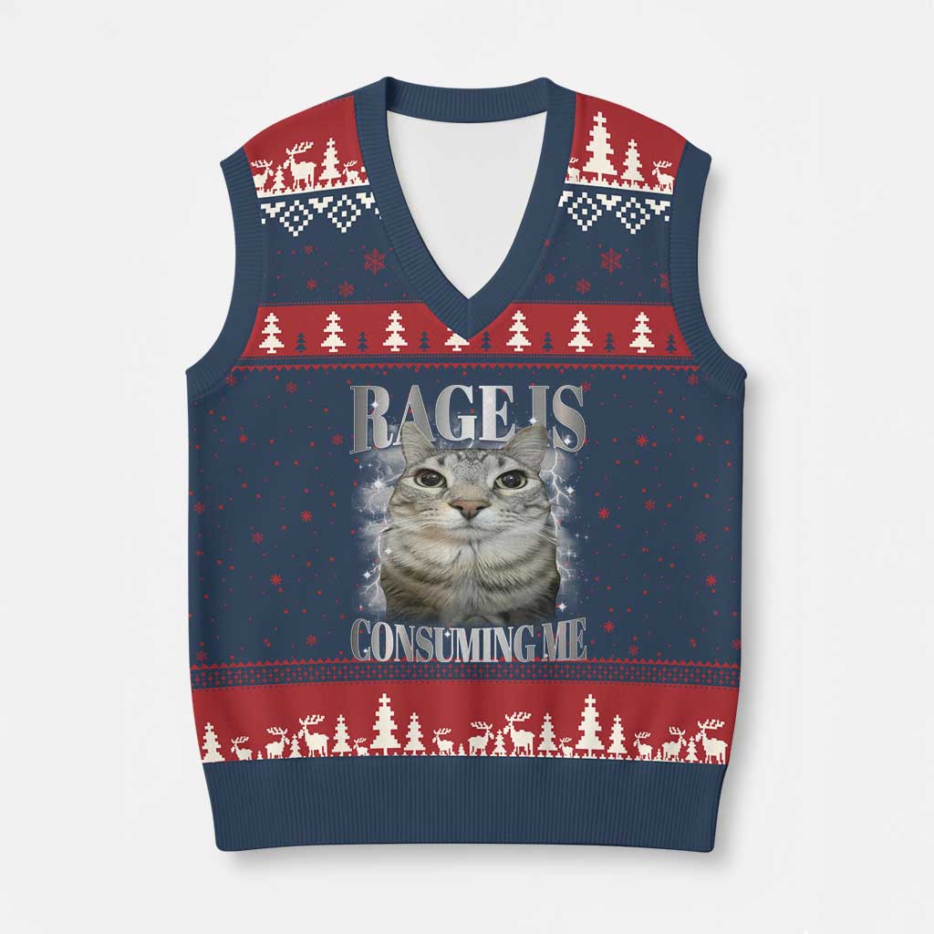 Rage Is Consuming Me V-Neck Knit Sweater Vest Funny Silly Cat Memes TS10 Navy Red Print Your Wear
