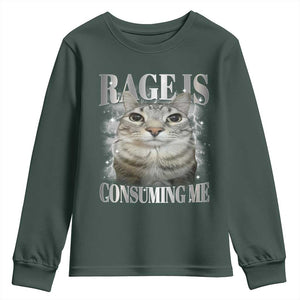 Rage Is Consuming Me Youth Sweatshirt Funny Silly Cat Memes TS10 Dark Forest Green Print Your Wear