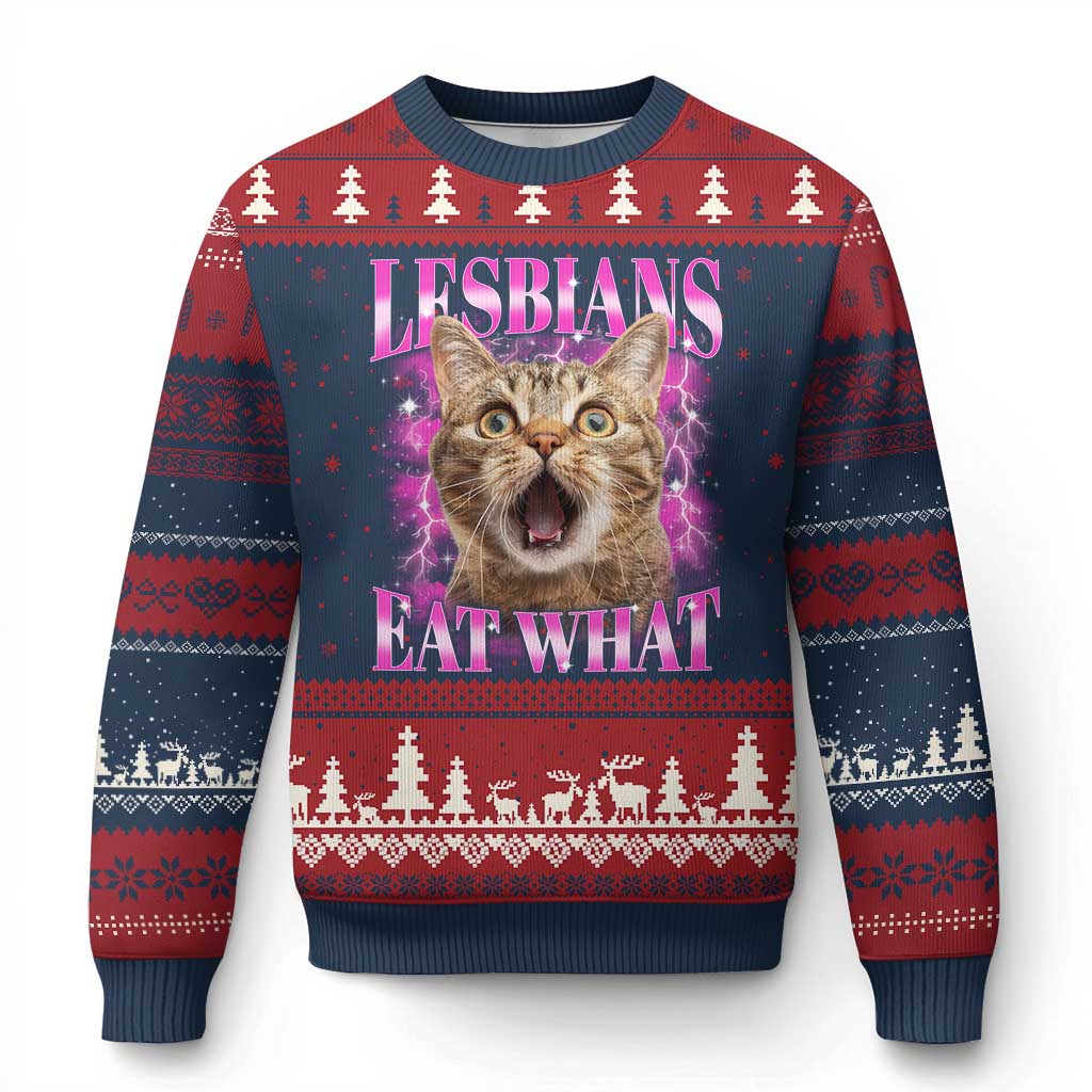 Lesbians Eat What Ugly Christmas Sweater Funny Cat Gay Pride LGBTQ Pun TS10 Navy Red Print Your Wear