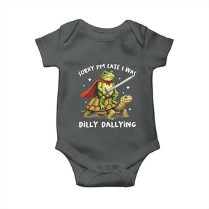 Silly Goose Baby Onesie Sorry Im Late I Was Dilly Dallying TS10 Dark Heather Print Your Wear