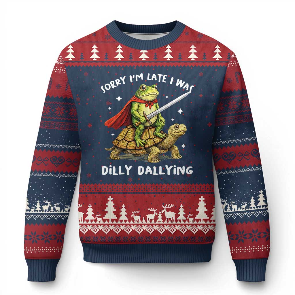 Silly Goose Ugly Christmas Sweater Sorry Im Late I Was Dilly Dallying TS10 Navy Red Print Your Wear