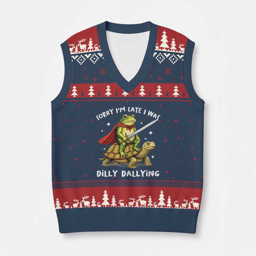 Silly Goose V-Neck Knit Sweater Vest Sorry Im Late I Was Dilly Dallying TS10 Navy Red Print Your Wear