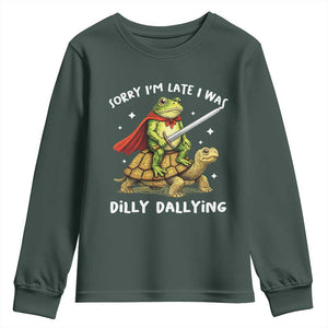 Silly Goose Youth Sweatshirt Sorry Im Late I Was Dilly Dallying TS10 Dark Forest Green Print Your Wear