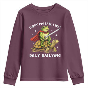 Silly Goose Youth Sweatshirt Sorry Im Late I Was Dilly Dallying TS10 Maroon Print Your Wear