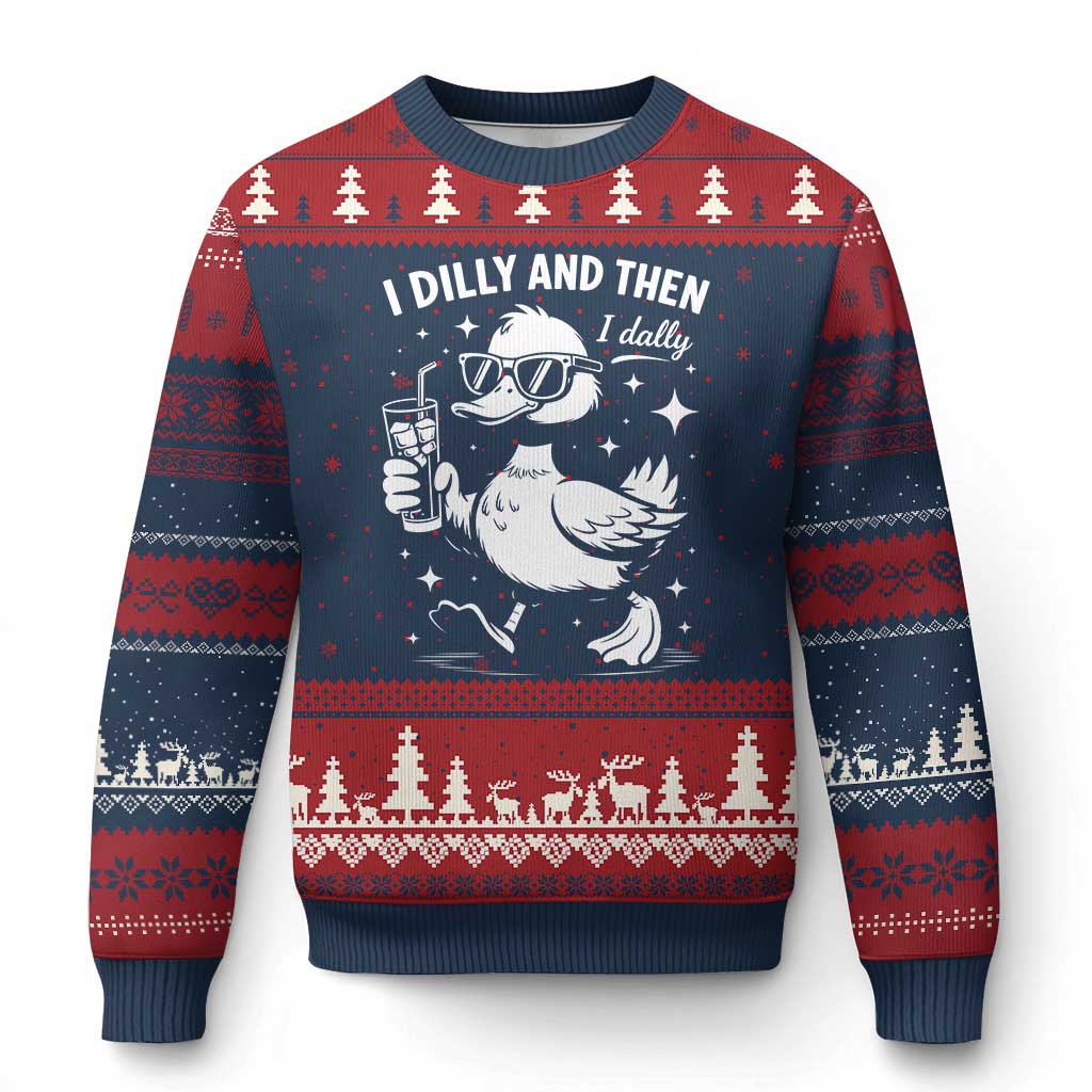 I Dilly And Then I Dally Ugly Christmas Sweater Retro Duck Funny Animal Meme TS10 Navy Red Print Your Wear