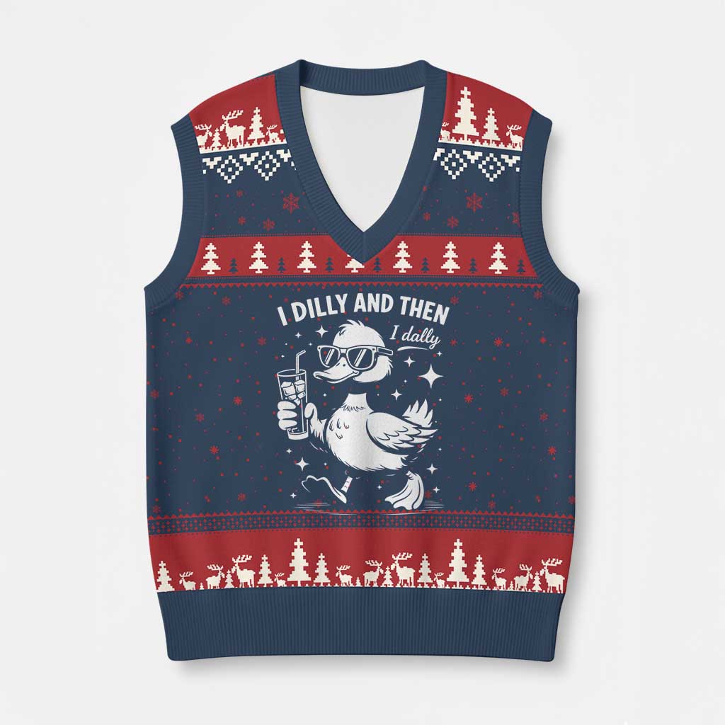 I Dilly And Then I Dally V-Neck Knit Sweater Vest Retro Duck Funny Animal Meme TS10 Navy Red Print Your Wear