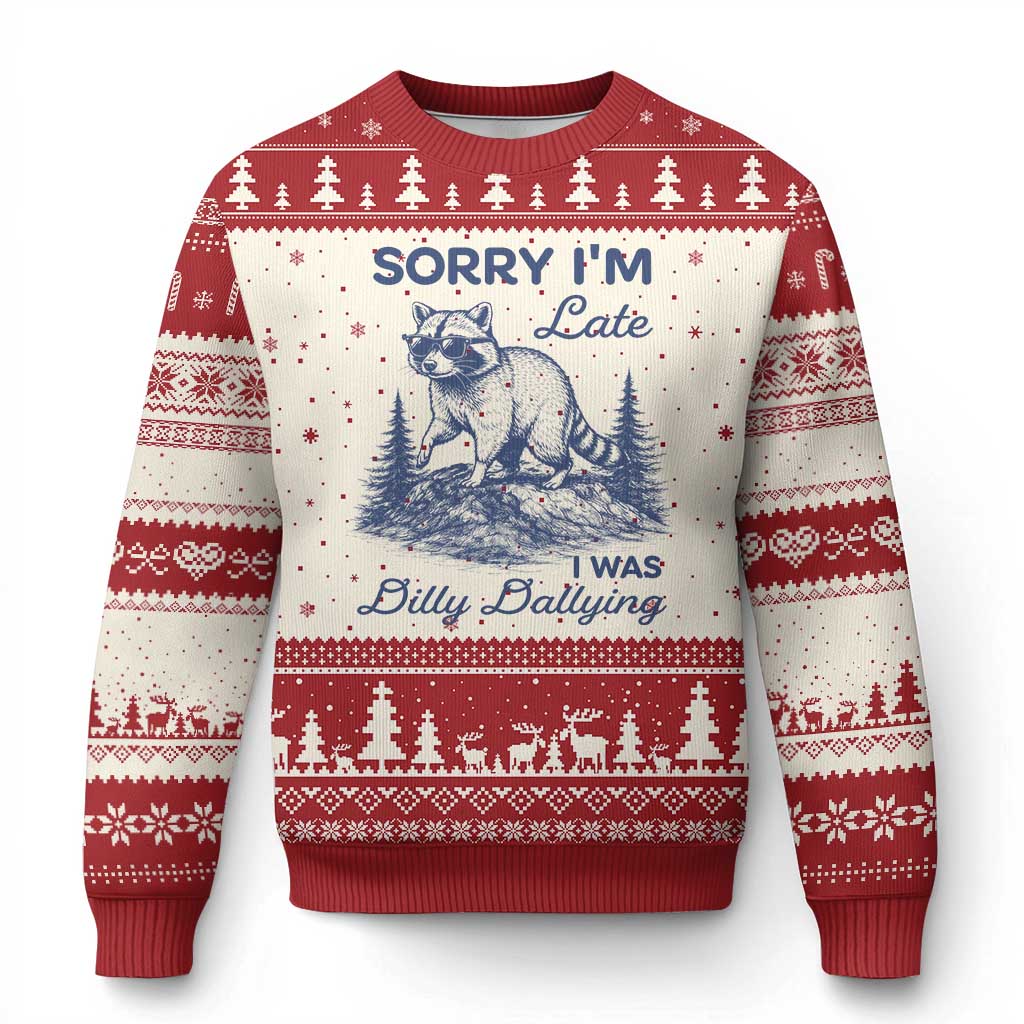 Raccoon Dilly Dallying Ugly Christmas Sweater Funny Sorry Im Late Silly Animal TS10 Beige Red Print Your Wear
