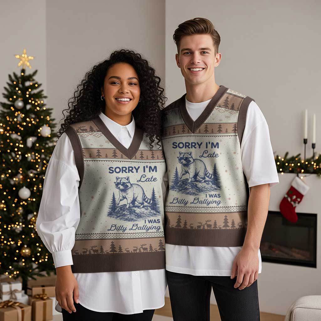 Raccoon Dilly Dallying V-Neck Knit Sweater Vest Funny Sorry Im Late Silly Animal TS10 Mocha Mousse Print Your Wear