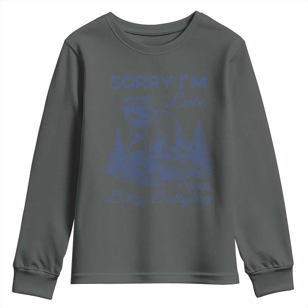 Raccoon Dilly Dallying Youth Sweatshirt Funny Sorry Im Late Silly Animal TS10 Dark Heather Print Your Wear
