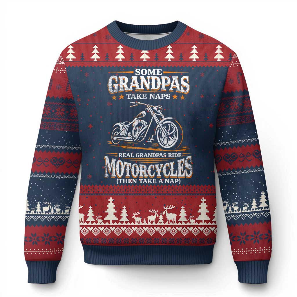 Biker Grandpa Ugly Christmas Sweater Some Grandpas Take Naps Real Grandpas Ride Motorcycles TS10 Navy Red Print Your Wear