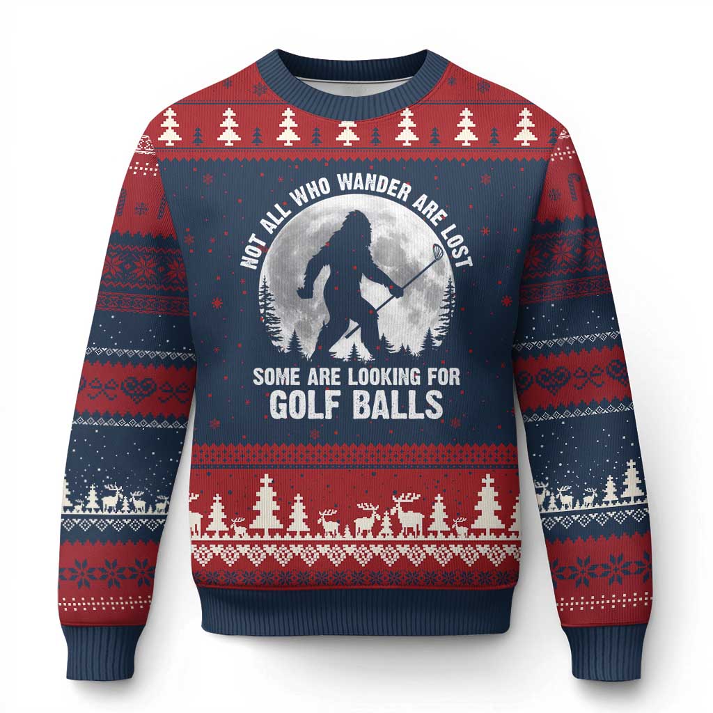 Not All Who Wander Are Lost Bigfoot Looking For Golf Balls Ugly Christmas Sweater Vintage Golfs Lover Sasquatch Golfing Full Moon TS10 Navy Red Print Your Wear