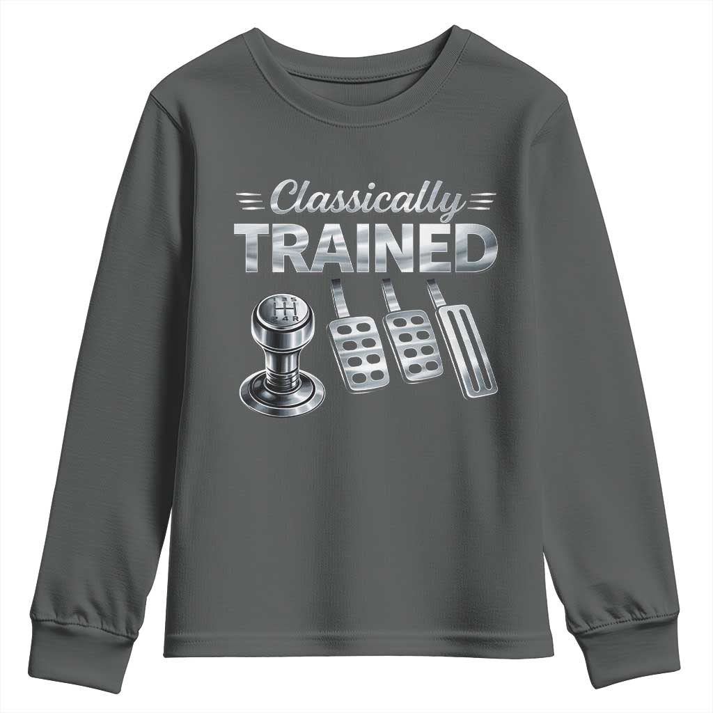 Classically Trained Youth Sweatshirt Dimmer Manual Transmission Car Humor Pedals Driving TS10 Dark Heather Print Your Wear
