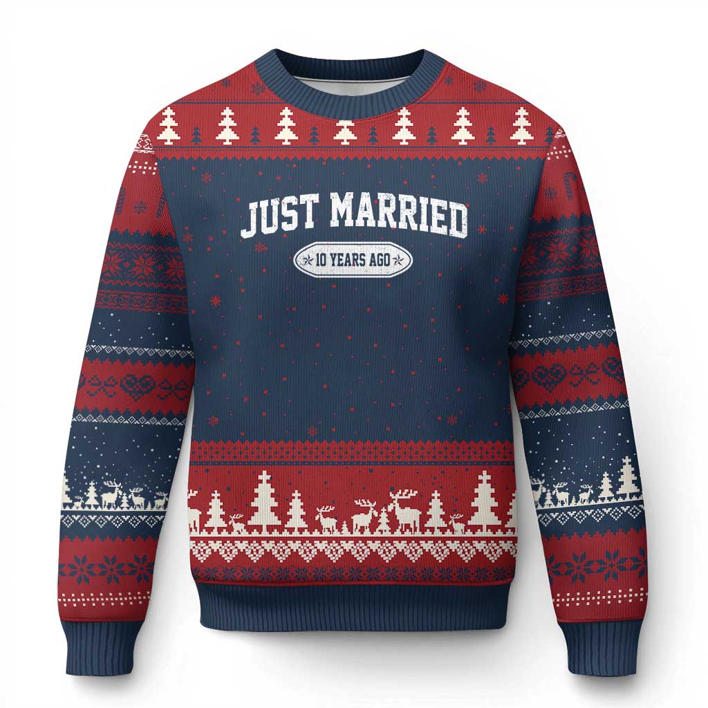 Just Married 10 Years Ago Ugly Christmas Sweater 10th Wedding Anniversary Matching TS10 Navy Red Print Your Wear