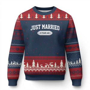 Just Married 10 Years Ago Ugly Christmas Sweater 10th Wedding Anniversary Matching TS10 Navy Red Print Your Wear