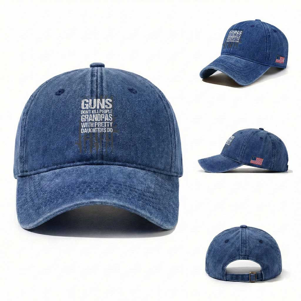 Grandpas With Pretty Daughters Washed Cotton Baseball Cap Funny Grandpa Gun American Flag TS10 Washed Cap Universal Fit Royal Blue Print Your Wear