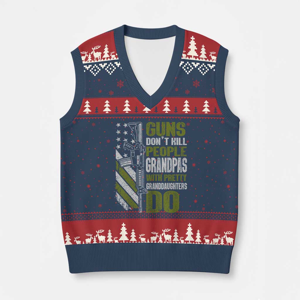 Funny Grandpa V-Neck Knit Sweater Vest Guns Dont Kill People Grandpas With Pretty Granddaughters Do US Flag TS10 Navy Red Print Your Wear