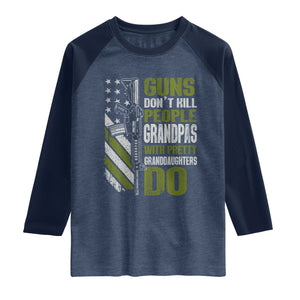 Funny Grandpa Raglan Shirt Guns Dont Kill People Grandpas With Pretty Granddaughters Do US Flag TS10 Heather Denim Navy Print Your Wear