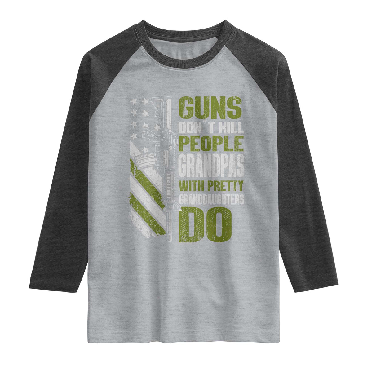Funny Grandpa Raglan Shirt Guns Dont Kill People Grandpas With Pretty Granddaughters Do US Flag TS10 Heather Gray Heather Charcoal Print Your Wear