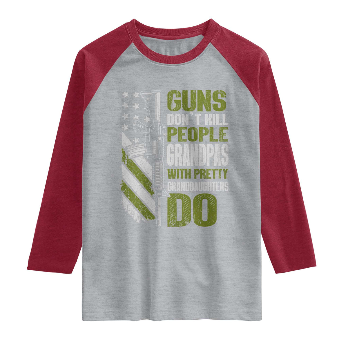 Funny Grandpa Raglan Shirt Guns Dont Kill People Grandpas With Pretty Granddaughters Do US Flag TS10 Heather Gray Heather Red Print Your Wear