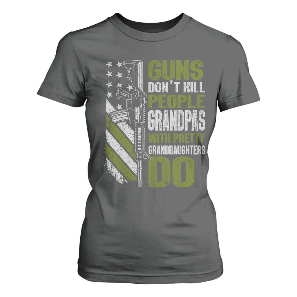 Funny Grandpa T Shirt For Women Guns Dont Kill People Grandpas With Pretty Granddaughters Do US Flag TS10 Dark Heather Print Your Wear