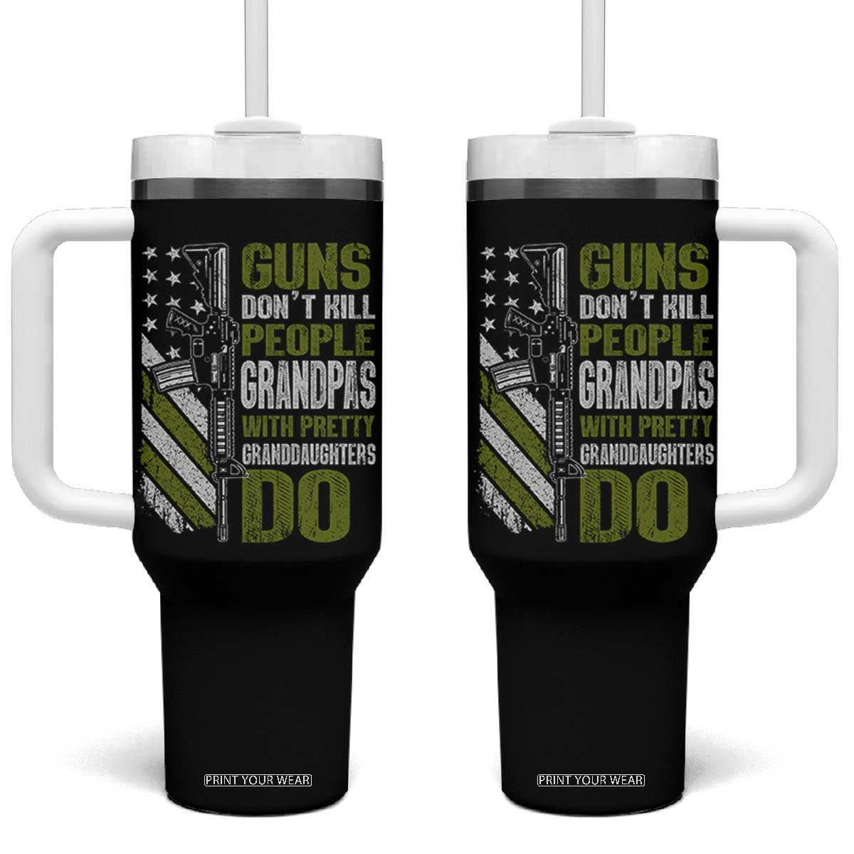 Funny Grandpa Tumbler With Handle Guns Dont Kill People Grandpas With Pretty Granddaughters Do US Flag TS10 One Size: 40 oz Black Print Your Wear