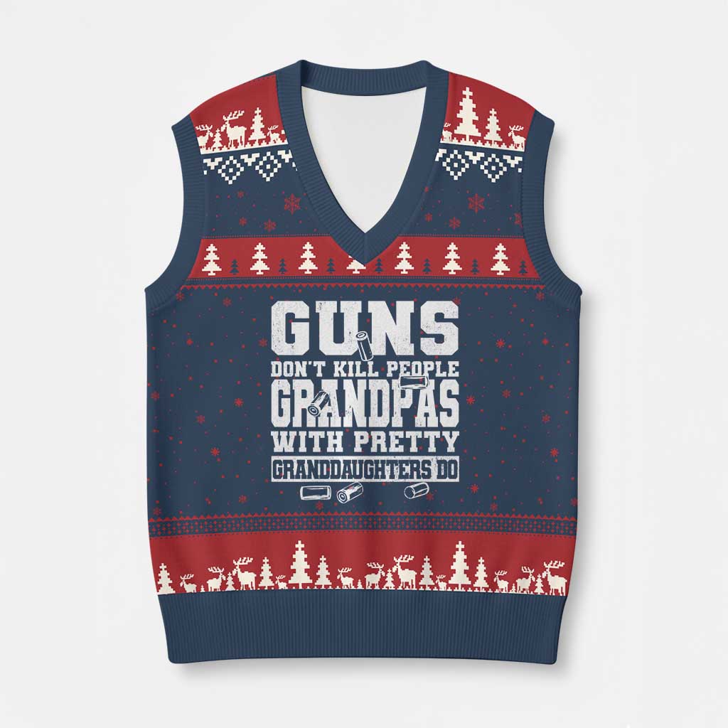 Funny Grandpa V-Neck Knit Sweater Vest Guns Dont Kill People Grandpas With Pretty Granddaughters Do TS10 Navy Red Print Your Wear