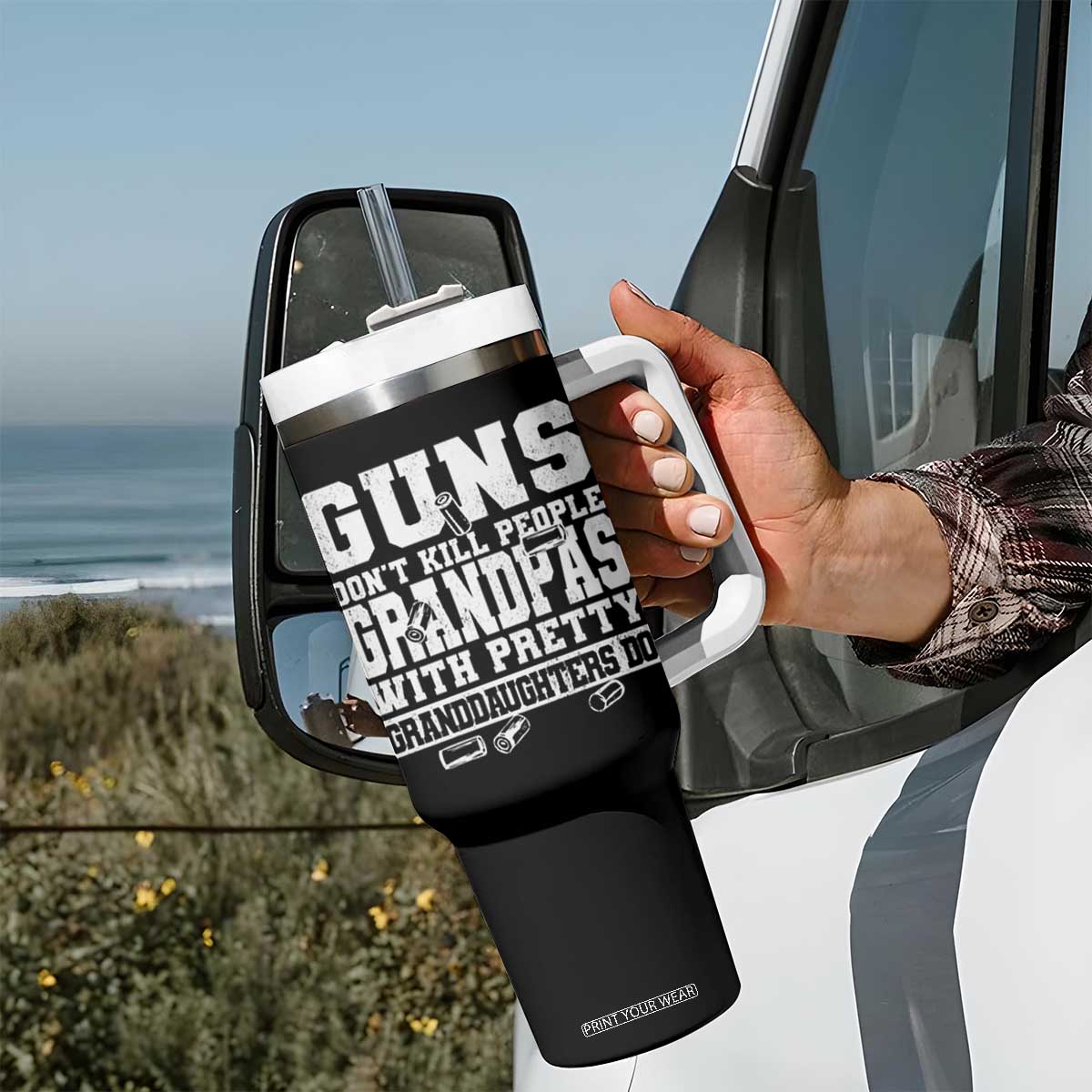 Funny Grandpa Tumbler With Handle Guns Dont Kill People Grandpas With Pretty Granddaughters Do TS10 Print Your Wear