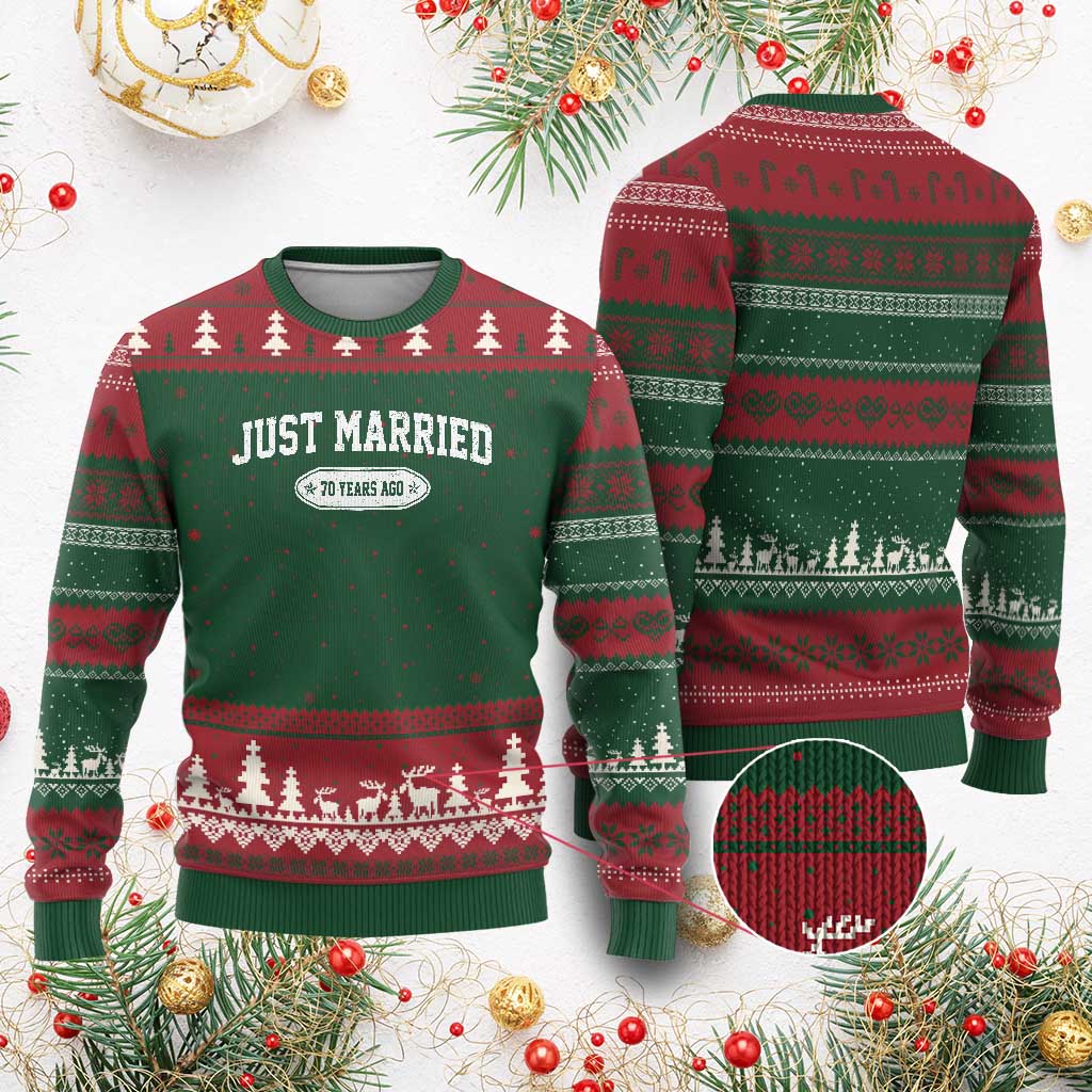 Just Married 70 Years Ago Ugly Christmas Sweater 70th Wedding Anniversary Matching TS10 Red Green Print Your Wear