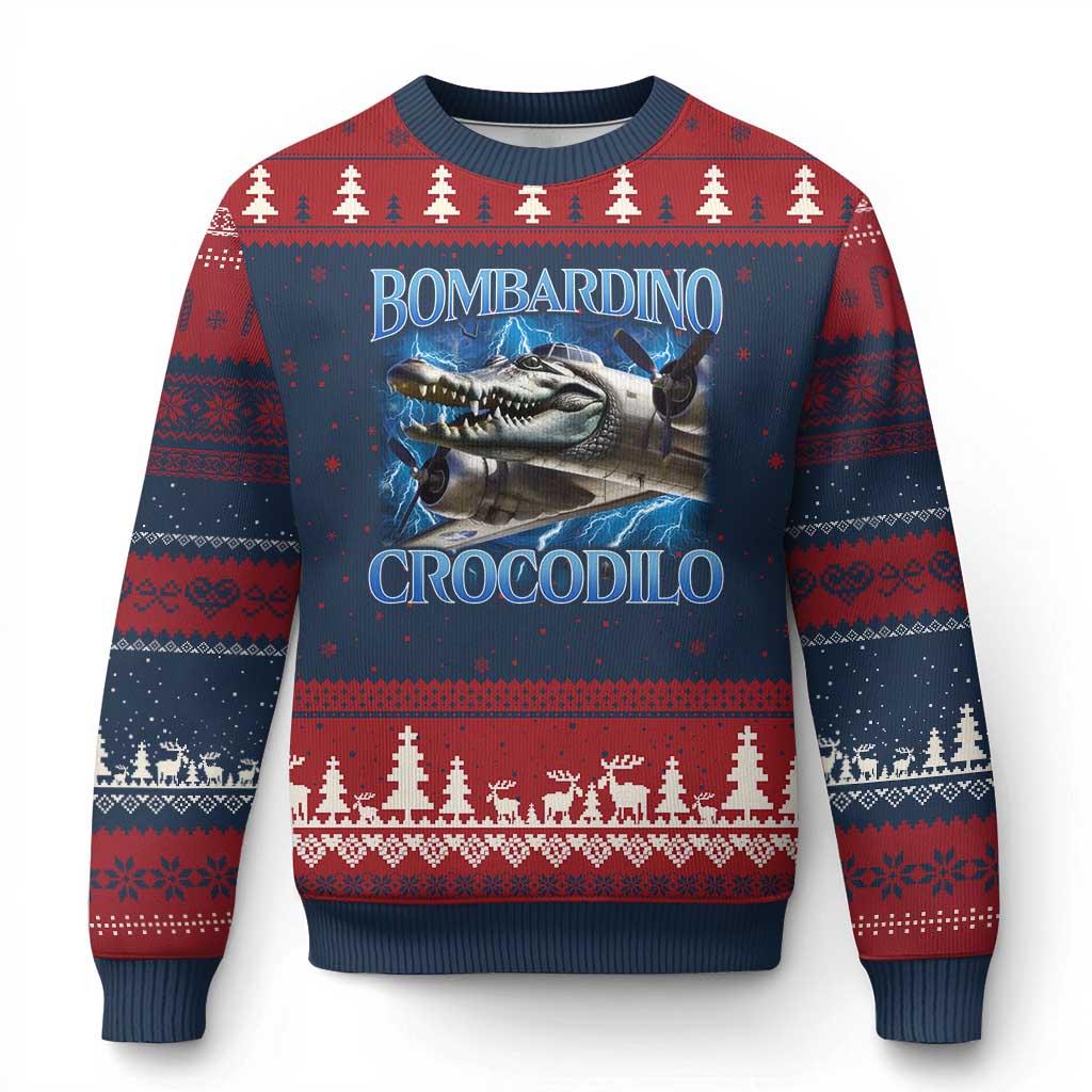 Bombardino Crocodilo Ugly Christmas Sweater Internet Memes Italian Brainrot TS10 Navy Red Print Your Wear