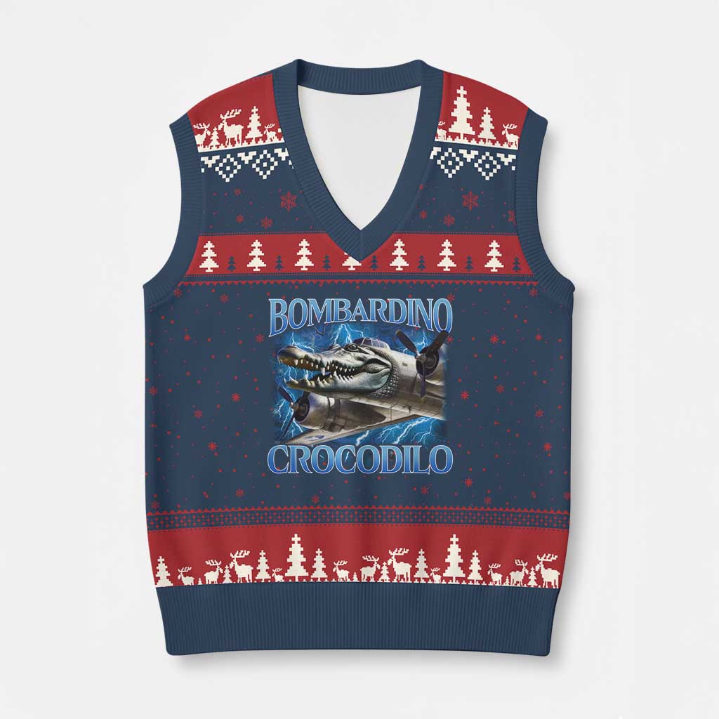 Bombardino Crocodilo V-Neck Knit Sweater Vest Internet Memes Italian Brainrot TS10 Navy Red Print Your Wear