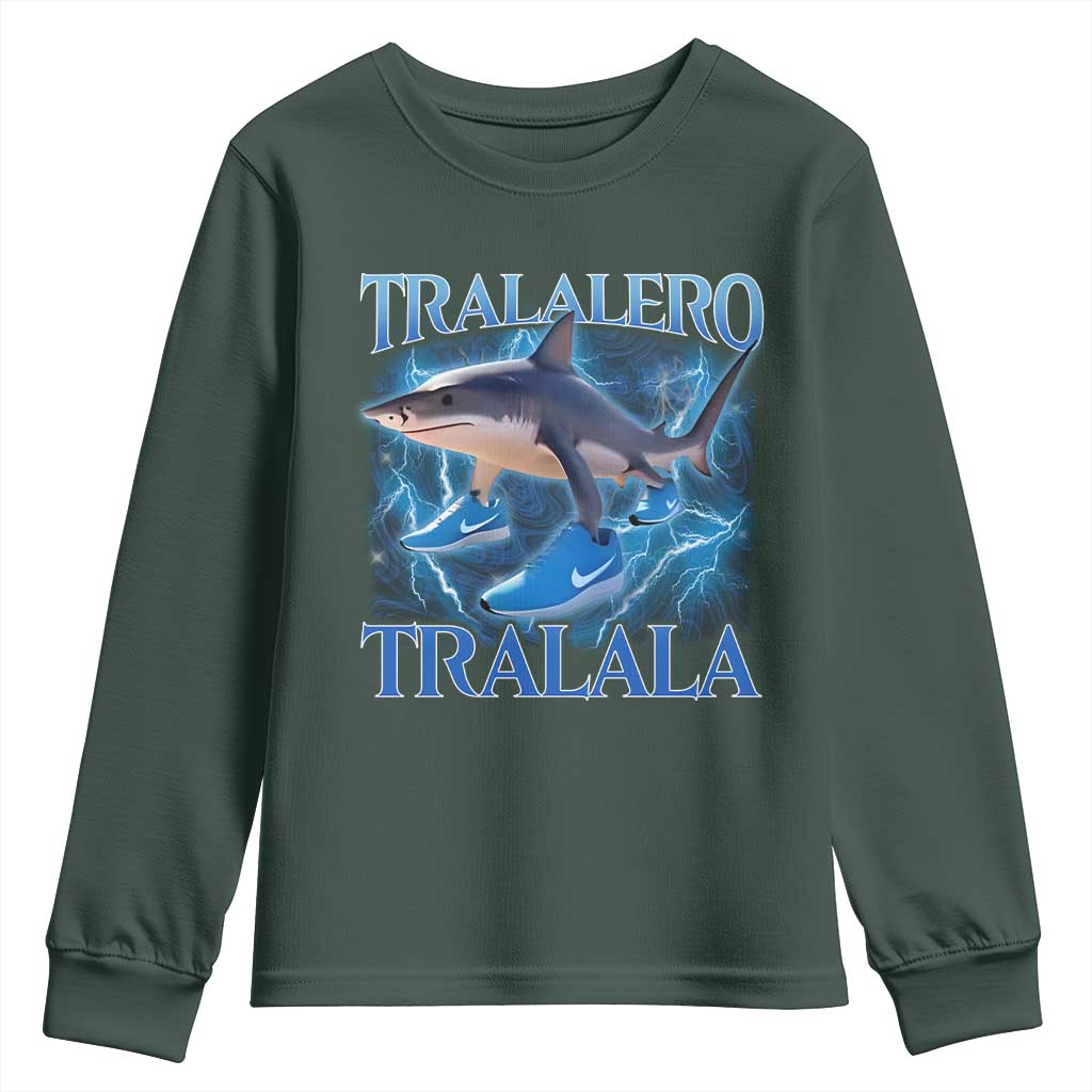 Tralalero Tralala Shark Youth Sweatshirt Funny Internet Brainrot Memes Gen Alpha TS10 Dark Forest Green Print Your Wear